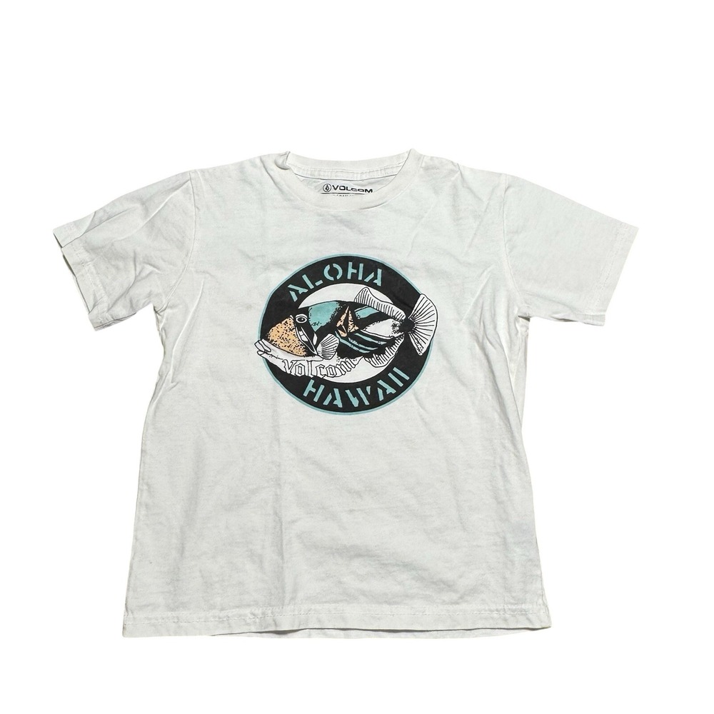 Volcom Aloha Hawaii Fish Graphic Tee White Kids Size 5 Short Sleeve Cotton Shirt